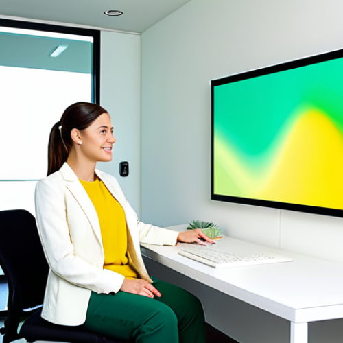 Home 17 A professional woman in a modest business casual outfit, sitting comfortably in a brightly lit modern wellness office. She is observing a wall-mounted digital art display that subtly shifts through harmonious color palettes, perhaps a calming green for tranquility or an uplifting yellow for optimism. The scene emphasizes a sense of peace and mental clarity through chromotherapy. Fully clothed, appropriate attire, safe for work, professional, perfect anatomy, correct proportions, natural pose, well-formed hands, proper finger count, natural body proportions, high quality, professional photography.
