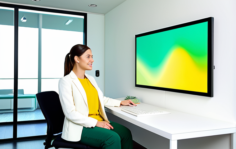 A professional woman in a modest business casual outfit, sitting comfortably in a brightly lit modern wellness office. She is observing a wall-mounted digital art display that subtly shifts through harmonious color palettes, perhaps a calming green for tranquility or an uplifting yellow for optimism. The scene emphasizes a sense of peace and mental clarity through chromotherapy. Fully clothed, appropriate attire, safe for work, professional, perfect anatomy, correct proportions, natural pose, well-formed hands, proper finger count, natural body proportions, high quality, professional photography.