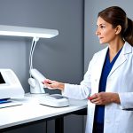 A professional female dermatologist, fully clothed in a modest lab coat, demonstrating an advanced LED light therapy device in a clean, modern clinic. The focus is on the cutting-edge technology and a calm, scientific atmosphere. The clinic is brightly lit with sleek white surfaces and subtle accents of colored light emanating from the device. Perfect anatomy, correct proportions, natural pose, well-formed hands, proper finger count, natural body proportions, safe for work, appropriate content, professional, high quality professional photography, studio lighting, appropriate attire.