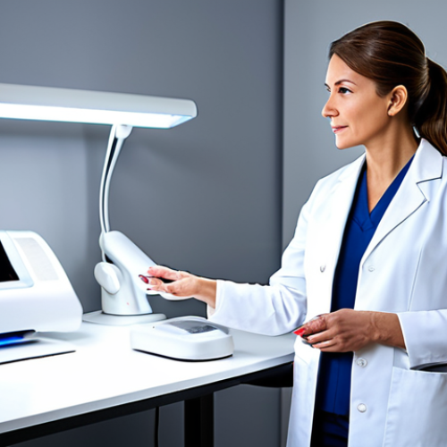Home 8 A professional female dermatologist, fully clothed in a modest lab coat, demonstrating an advanced LED light therapy device in a clean, modern clinic. The focus is on the cutting-edge technology and a calm, scientific atmosphere. The clinic is brightly lit with sleek white surfaces and subtle accents of colored light emanating from the device. Perfect anatomy, correct proportions, natural pose, well-formed hands, proper finger count, natural body proportions, safe for work, appropriate content, professional, high quality professional photography, studio lighting, appropriate attire.