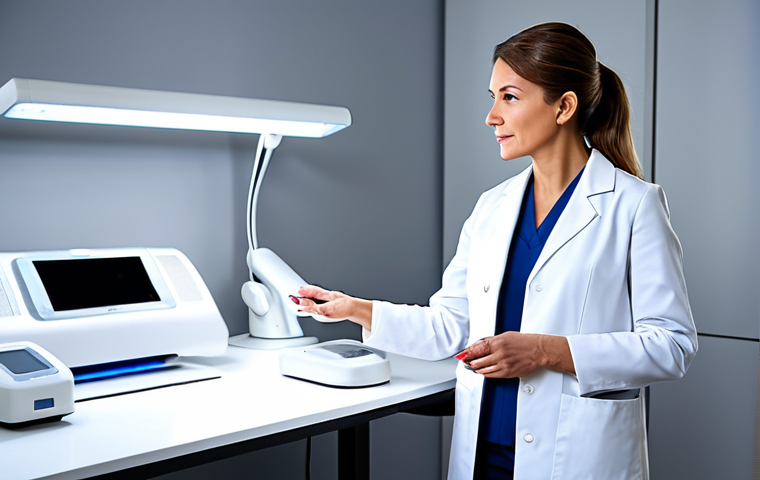 A professional female dermatologist, fully clothed in a modest lab coat, demonstrating an advanced LED light therapy device in a clean, modern clinic. The focus is on the cutting-edge technology and a calm, scientific atmosphere. The clinic is brightly lit with sleek white surfaces and subtle accents of colored light emanating from the device. Perfect anatomy, correct proportions, natural pose, well-formed hands, proper finger count, natural body proportions, safe for work, appropriate content, professional, high quality professional photography, studio lighting, appropriate attire.