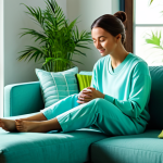 A tranquil woman in modest, comfortable loungewear, fully clothed, sitting peacefully on a plush sofa in a modern, serene living room. Soft, calming LED light in shades of blue and green gently illuminates the space, creating an atmosphere of relaxation. Colorful decorative cushions in harmonious tones are placed around her. A large window allows for natural light, and a healthy green plant sits nearby. The scene conveys a sense of personal well-being and balance. safe for work, appropriate content, fully clothed, family-friendly, perfect anatomy, correct proportions, natural pose, well-formed hands, proper finger count, natural body proportions, professional photography, high quality, vibrant colors.