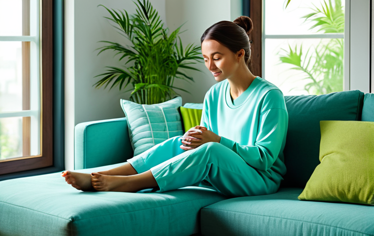 A tranquil woman in modest, comfortable loungewear, fully clothed, sitting peacefully on a plush sofa in a modern, serene living room. Soft, calming LED light in shades of blue and green gently illuminates the space, creating an atmosphere of relaxation. Colorful decorative cushions in harmonious tones are placed around her. A large window allows for natural light, and a healthy green plant sits nearby. The scene conveys a sense of personal well-being and balance. safe for work, appropriate content, fully clothed, family-friendly, perfect anatomy, correct proportions, natural pose, well-formed hands, proper finger count, natural body proportions, professional photography, high quality, vibrant colors.