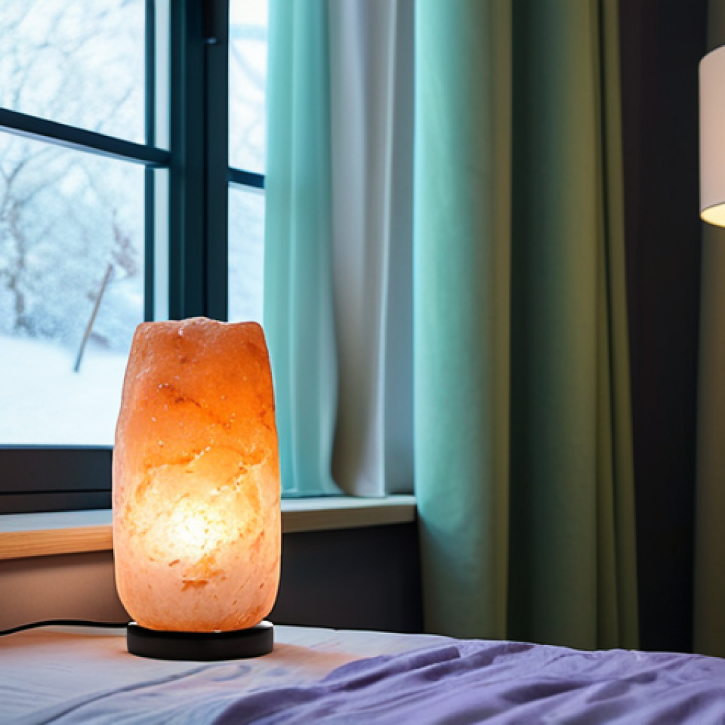 A modern, tranquil bedroom designed for optimal sleep. Soft, ambient lighting from smart bulbs casts a gentle, warm amber glow across the space. Walls are painted in a soothing pale sky blue. A comfortable, neatly made bed features soft, modest bedding in a combination of light green and lavender tones. Subtle, high-quality decorative elements like a warm-toned Himalayan salt lamp and a few green plants are strategically placed. The window has blackout curtains pulled shut, ensuring complete darkness. Professional photography, high resolution, soft focus, natural lighting, serene atmosphere, appropriate content, safe for work, family-friendly, well-composed, high quality, fully clothed (applies to scene's intent of no people).