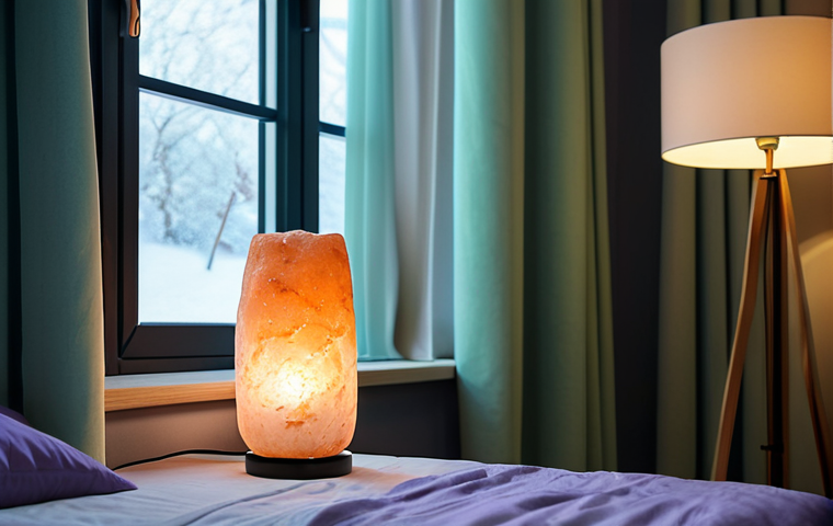 A modern, tranquil bedroom designed for optimal sleep. Soft, ambient lighting from smart bulbs casts a gentle, warm amber glow across the space. Walls are painted in a soothing pale sky blue. A comfortable, neatly made bed features soft, modest bedding in a combination of light green and lavender tones. Subtle, high-quality decorative elements like a warm-toned Himalayan salt lamp and a few green plants are strategically placed. The window has blackout curtains pulled shut, ensuring complete darkness. Professional photography, high resolution, soft focus, natural lighting, serene atmosphere, appropriate content, safe for work, family-friendly, well-composed, high quality, fully clothed (applies to scene's intent of no people).