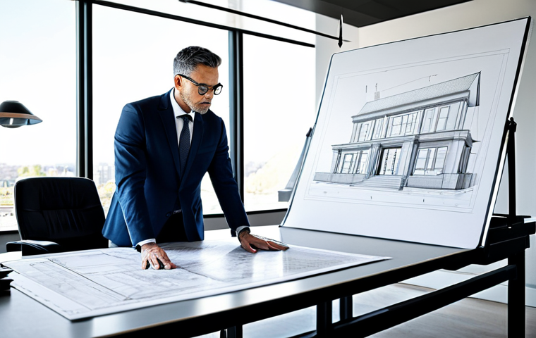 **
"A professional architect in a modern office, reviewing blueprints at a large drafting table, wearing a fully clothed, stylish business suit, natural lighting, perfect anatomy, safe for work, appropriate content, high-resolution professional photography."
**
