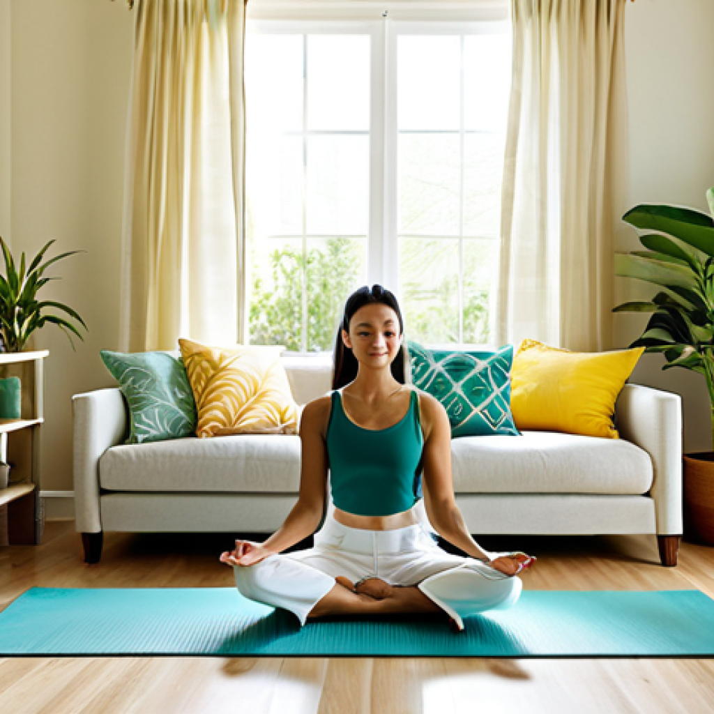 Colorful Home Sanctuary**

"A bright and airy living room bathed in soft, diffused light. The walls are painted a calming beige, accented with vibrant throw pillows in shades of green, blue, and yellow. Sunlight streams through sheer curtains, illuminating a collection of potted plants. A woman in comfortable, modest clothing is meditating peacefully on a yoga mat. safe for work, appropriate content, fully clothed, perfect anatomy, natural proportions, professional, home decor, interior design, peaceful scene."

**