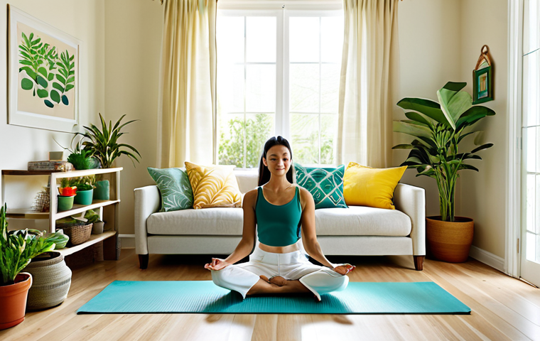 Colorful Home Sanctuary**
"A bright and airy living room bathed in soft, diffused light. The walls are painted a calming beige, accented with vibrant throw pillows in shades of green, blue, and yellow. Sunlight streams through sheer curtains, illuminating a collection of potted plants. A woman in comfortable, modest clothing is meditating peacefully on a yoga mat. safe for work, appropriate content, fully clothed, perfect anatomy, natural proportions, professional, home decor, interior design, peaceful scene."
**