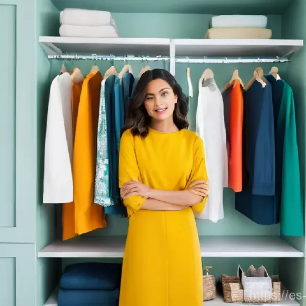 컬러테라피의 효과적인 적용 방법 - **"Wardrobe of Emotions"**: A stylish woman, in her late 20s or early 30s, stands in a bright, moder...