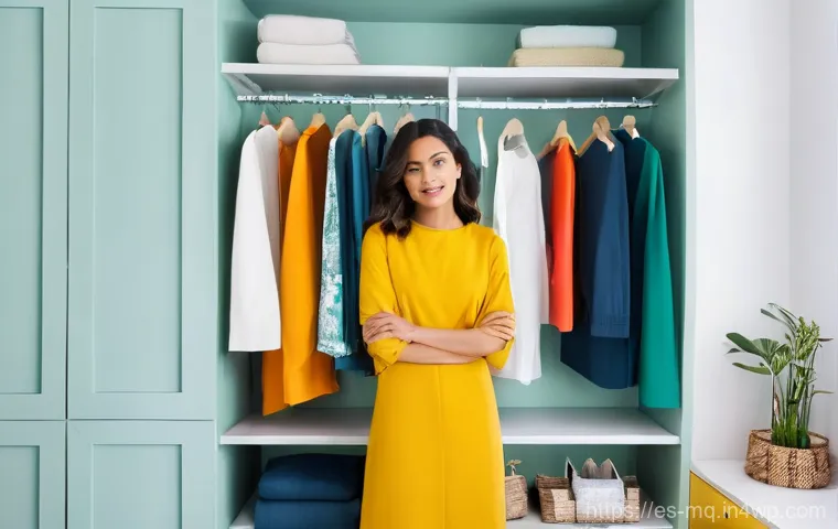 컬러테라피의 효과적인 적용 방법 - **"Wardrobe of Emotions"**: A stylish woman, in her late 20s or early 30s, stands in a bright, moder...