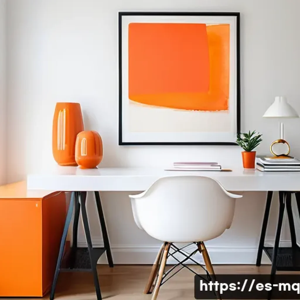 컬러테라피를 활용한 집중력 향상 방법 - A modern home office interior featuring a white wall with a single large vibrant orange abstract pai...
