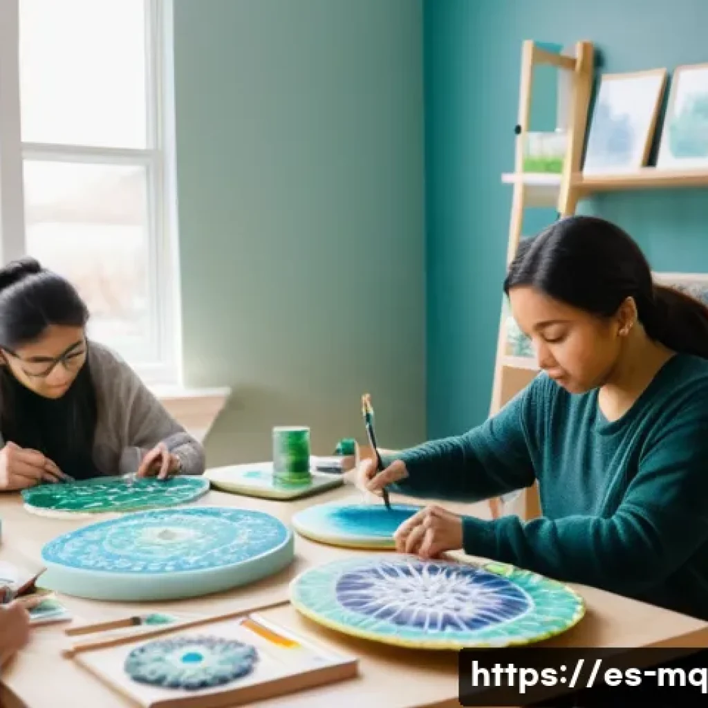컬러테라피와 예술 치료의 조화 - A serene art therapy workshop scene featuring a diverse group of adults thoughtfully painting mandal...