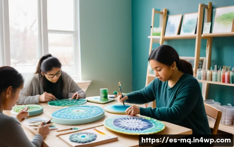 컬러테라피와 예술 치료의 조화 - A serene art therapy workshop scene featuring a diverse group of adults thoughtfully painting mandal...