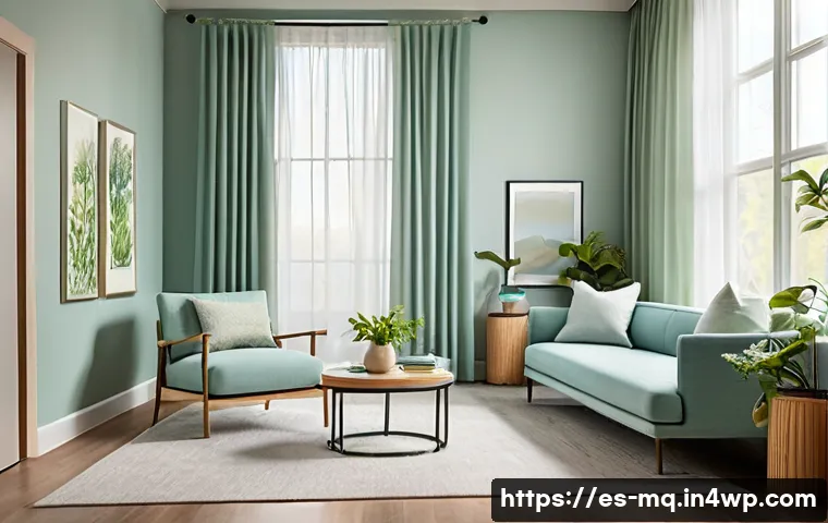 컬러테라피와 환자의 정서적 건강 - A modern, serene therapy room designed with a soothing color palette emphasizing soft greens and blu...