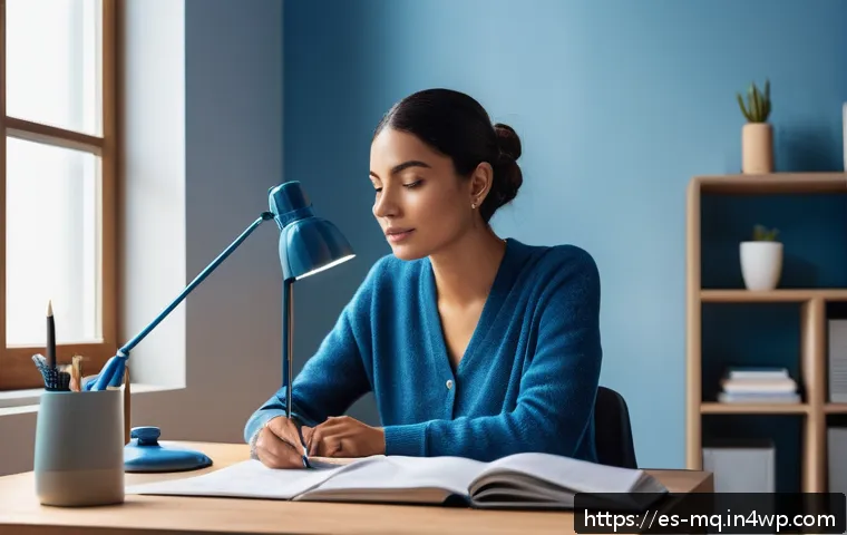 컬러테라피 활용한 젊은 세대의 변화 - A cozy modern home office bathed in calming blue tones, featuring a young professional wearing casua...