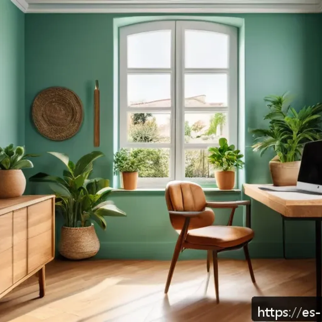 컬러테라피와 심리적 안정의 연결 - A modern home office interior designed for concentration and balance, featuring soft green and light...