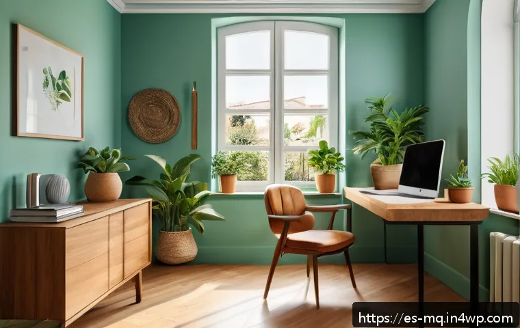 컬러테라피와 심리적 안정의 연결 - A modern home office interior designed for concentration and balance, featuring soft green and light...