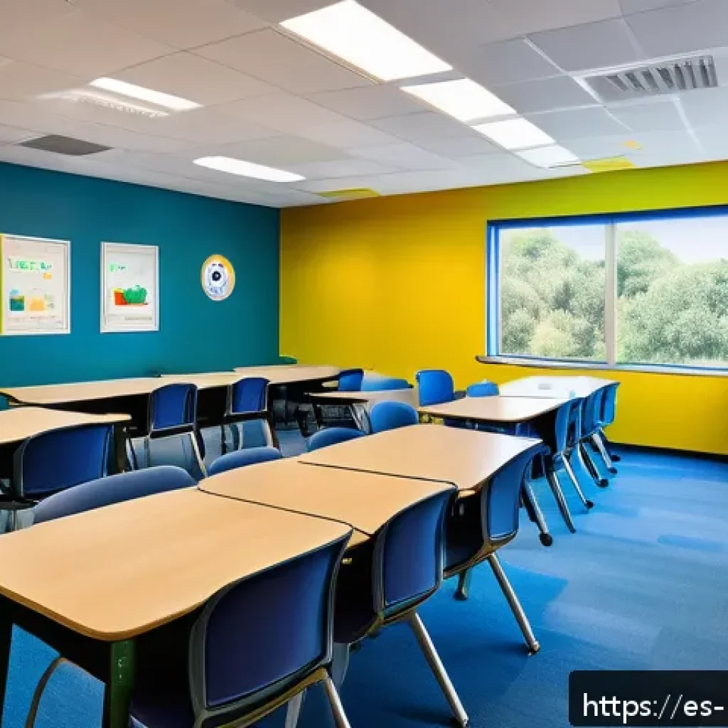컬러테라피 활용한 혁신적 교육 방법 - A bright, modern classroom interior designed for Spanish-speaking students, featuring calm blue and ...