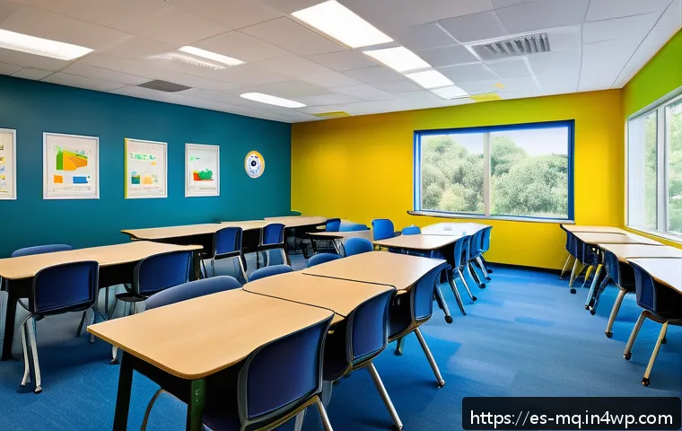 컬러테라피 활용한 혁신적 교육 방법 - A bright, modern classroom interior designed for Spanish-speaking students, featuring calm blue and ...