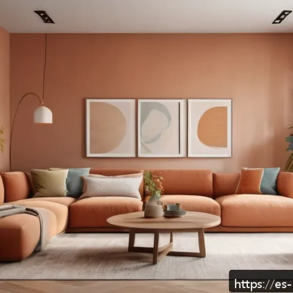 컬러테라피와 자기 수용의 중요성 - A cozy living room interior painted in warm terracotta and beige tones, featuring soft natural light...