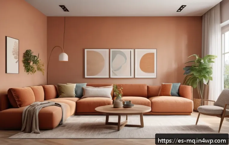 컬러테라피와 자기 수용의 중요성 - A cozy living room interior painted in warm terracotta and beige tones, featuring soft natural light...