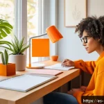 Home 19 컬러테라피와 자기 효능감 증진 - A modern, cozy home office bathed in warm natural light with a stylish desk featuring a sleek orange...