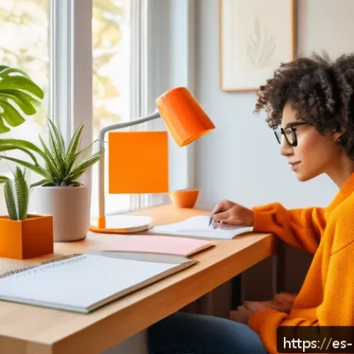 Home 31 컬러테라피와 자기 효능감 증진 - A modern, cozy home office bathed in warm natural light with a stylish desk featuring a sleek orange...