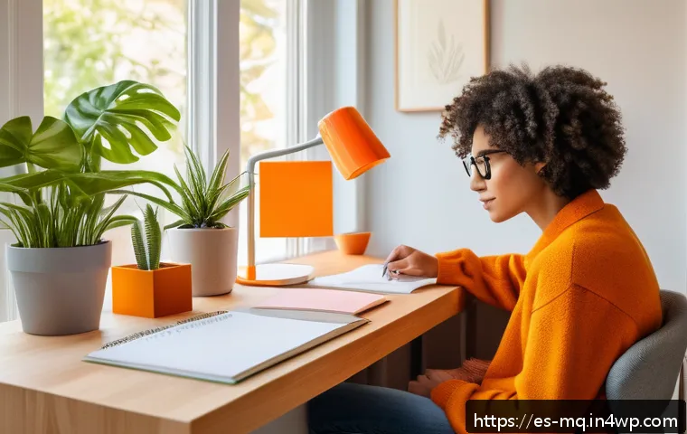 컬러테라피와 자기 효능감 증진 - A modern, cozy home office bathed in warm natural light with a stylish desk featuring a sleek orange...