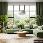 Home 23 컬러테라피와 환경 디자인의 조화 - A modern, cozy living room designed with soft green tones inspired by nature, featuring large window...