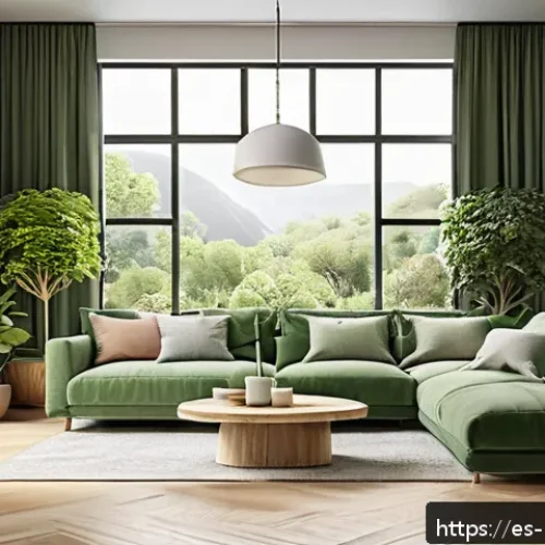 Home 17 컬러테라피와 환경 디자인의 조화 - A modern, cozy living room designed with soft green tones inspired by nature, featuring large window...