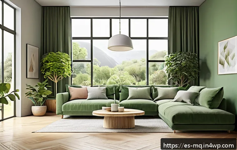 컬러테라피와 환경 디자인의 조화 - A modern, cozy living room designed with soft green tones inspired by nature, featuring large window...